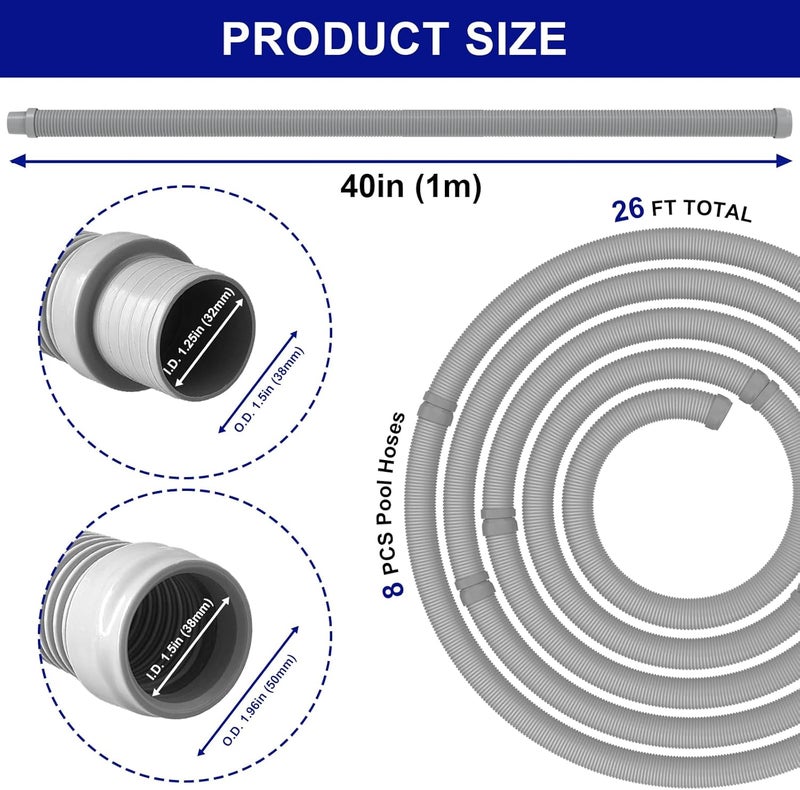 Poolvio Professional Swimming Pool Vacuum Cleaner Hose -1.5” 8 Piece Hoses for Pool Vacuum Extension/Replacement - Compatible with all Major Automatic Swimming Pool Cleaners - Image 4